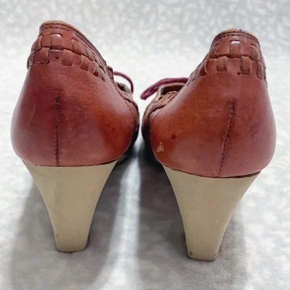 Vintage Woven Wedges 70s Captivators Brown Leather Tie Oxford Heels - Picture 5 of 12